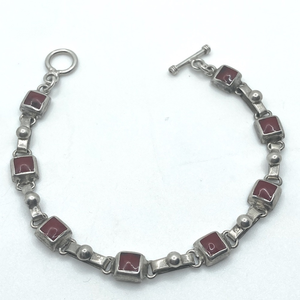 STERLING Silver Jasper Stone Panel Link Toggle Clasp Bracelet 7.5” - Vintage - Picture 4 of 8